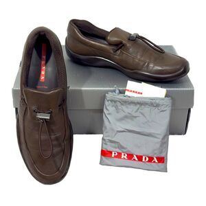 Prada Men’s Línea Rossa Napa Sport Toggle Loafers in Teak Brown US Sz 11.5